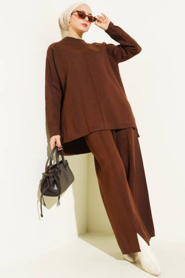 Dikiş Detaylı Basic Triko İkili Takım Kahve - İkili Takım