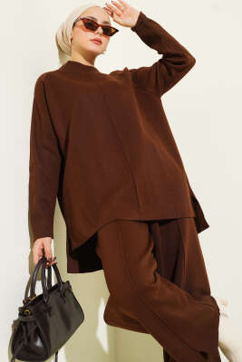 Dikiş Detaylı Basic Triko İkili Takım Kahve - İkili Takım