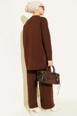 Dikiş Detaylı Basic Triko İkili Takım Kahve - İkili Takım