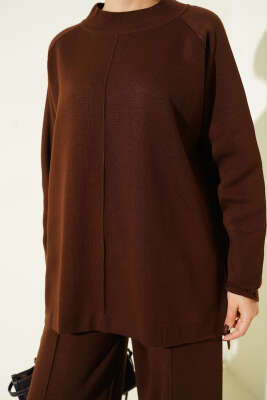 Dikiş Detaylı Basic Triko İkili Takım Kahve - İkili Takım