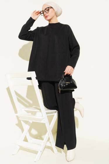 Dikiş Detaylı Basic Triko İkili Takım Siyah - İkili Takım