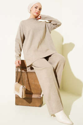 Dikiş Detaylı Basic Triko İkili Takım Vizon - RAFİMİX