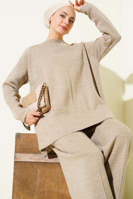 Dikiş Detaylı Basic Triko İkili Takım Vizon - İkili Takım