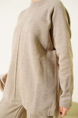 Dikiş Detaylı Basic Triko İkili Takım Vizon - İkili Takım