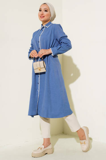 Dikiş Detaylı Bel İpli Tunik Indıgo - Tunik