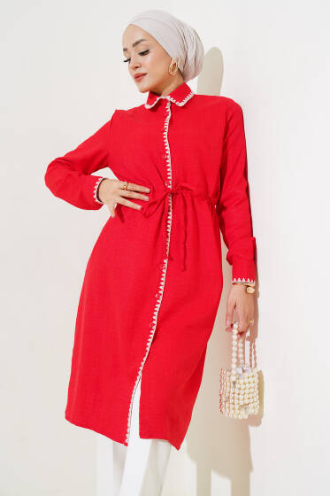 Dikiş Detaylı Bel İpli Tunik Kırmızı - Tunik