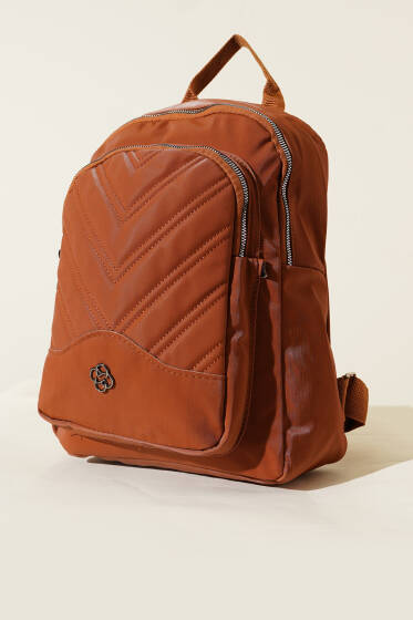 Dikiş Detaylı Çift Fermuarlı Sırt Çantası Kiremit - Sırt Çantası