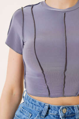 Dikiş Detaylı Crop Füme - Kadın Giyim Modelleri