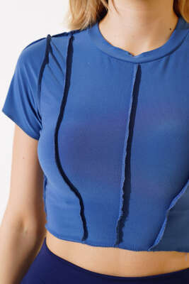 Dikiş Detaylı Crop İndigo - Kadın Giyim Modelleri