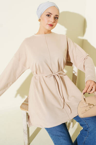 Dikiş Detaylı Duble Kol Tunik Bej - Tunik