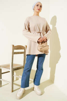 Dikiş Detaylı Duble Kol Tunik Bej - Tunik