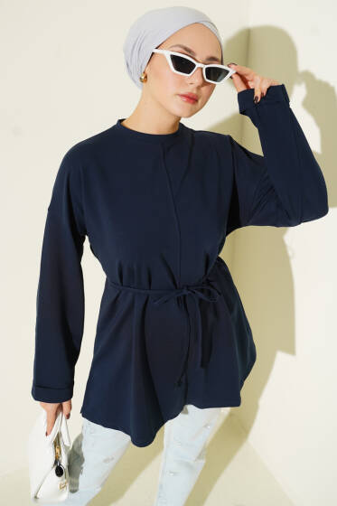 Dikiş Detaylı Duble Kol Tunik Lacivert - Tunik