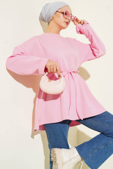 Dikiş Detaylı Duble Kol Tunik Pembe - Tunik
