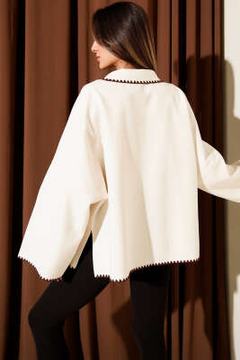 Dikiş Detaylı Düğmeli Kaşe Panço Bej - Kadın Giyim Modelleri