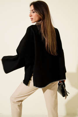 Dikiş Detaylı Düğmeli Kaşe Panço Siyah - Kadın Giyim Modelleri