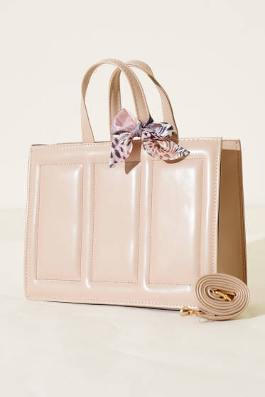 Dikiş Detaylı Fularlı Çanta Bej - Kol Çantası