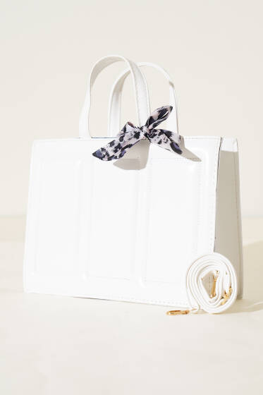 Dikiş Detaylı Fularlı Çanta Beyaz - Kol Çantası