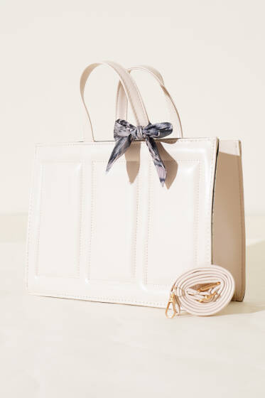 Dikiş Detaylı Fularlı Çanta Krem - Kol Çantası