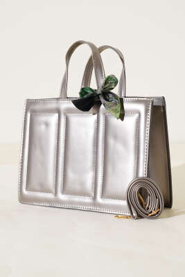 Dikiş Detaylı Fularlı Çanta Platin 