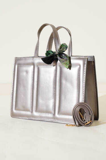 Dikiş Detaylı Fularlı Çanta Platin - Kol Çantası