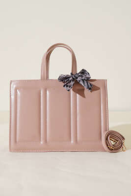 Dikiş Detaylı Fularlı Çanta Pudra - Kol Çantası