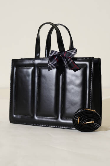 Dikiş Detaylı Fularlı Çanta Siyah - Kol Çantası