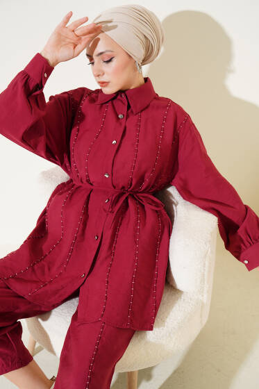 Dikiş Detaylı İp Kuşaklı İkili Takım Bordo - İKİLİ TAKIM