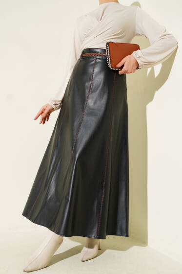 Dikiş Detaylı Kemerli Deri Etek Siyah - Etek
