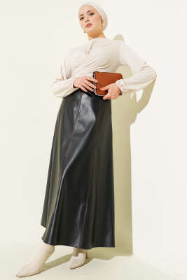 Dikiş Detaylı Kemerli Deri Etek Siyah - Etek