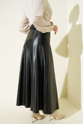 Dikiş Detaylı Kemerli Deri Etek Siyah - Etek