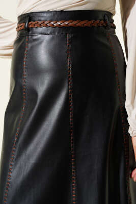 Dikiş Detaylı Kemerli Deri Etek Siyah - Etek