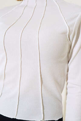 Dikiş Detaylı Kısa Bluz Beyaz - Thumbnail