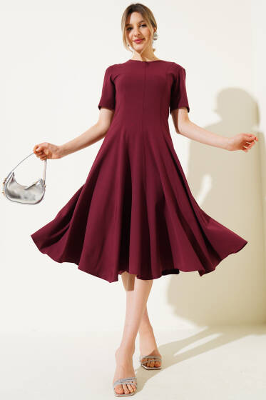 Dikiş Detaylı Kısa Kol Midi Elbise Bordo - Kadın Giyim Modelleri