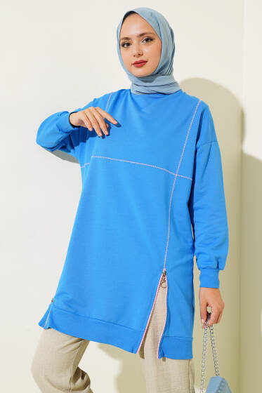 	 Dikiş Süslemeli Fermuarlı Tunik Mavi - Tunik