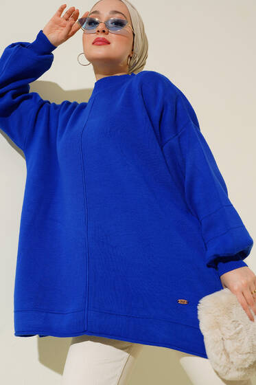 Dikişli Detaylı Balon Kol Triko Tunik Saks - Tunik