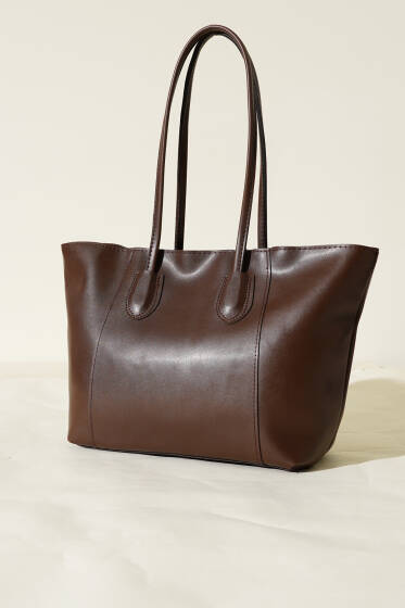 Dikişli Fermuarlı Omuz Çanta Acı Kahve - Kol Çantası