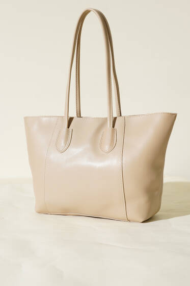 Dikişli Fermuarlı Omuz Çanta Bej - Kol Çantası