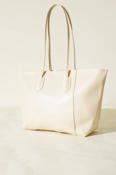 Dikişli Fermuarlı Omuz Çanta Krem - Kol Çantası