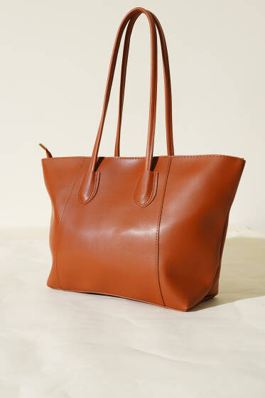 Dikişli Fermuarlı Omuz Çanta Taba - Kol Çantası