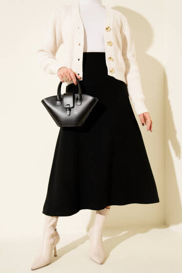 Dikişli Fitilli Kaşe Etek Siyah - Etek