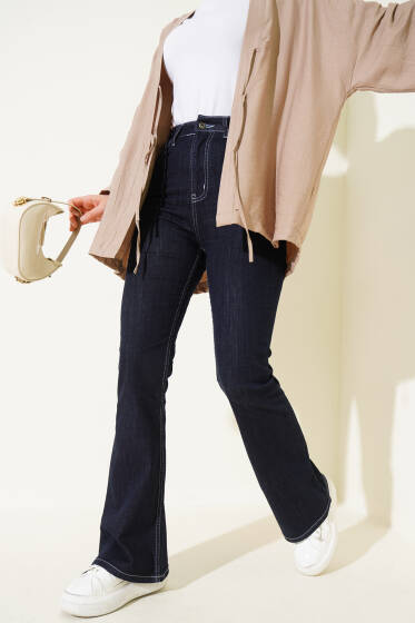 Dikişli İspanyol Paça Kot Pantolon Lacivert - Pantolon