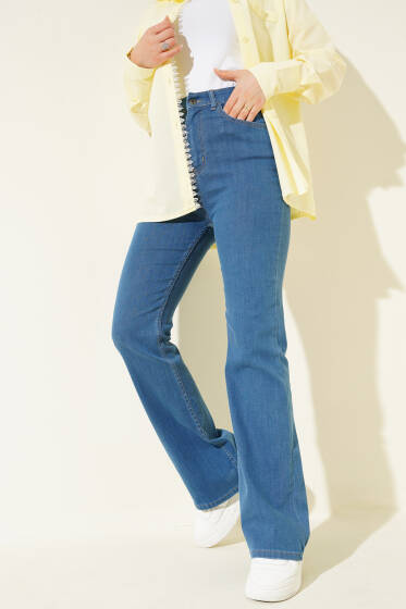 Dikişli İspanyol Paça Kot Pantolon Orta Mavi - Pantolon