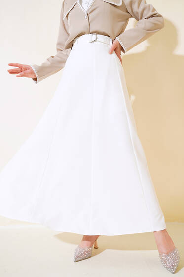 Dikişli Kemerli Etek Ekru - Etek