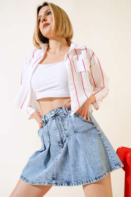 Dikişli Mini Kot Etek Açık Mavi - Kadın Giyim Modelleri