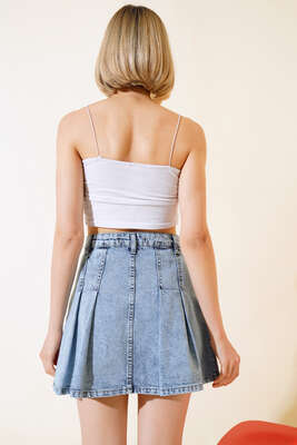 Dikişli Mini Kot Etek Açık Mavi - Kadın Giyim Modelleri