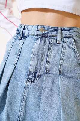 Dikişli Mini Kot Etek Açık Mavi - Kadın Giyim Modelleri