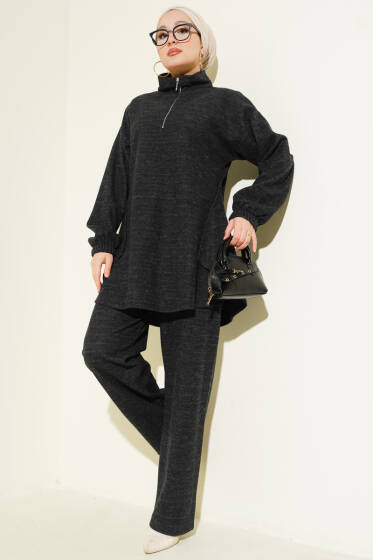 Dikişli Yarım Fermuarlı Kaşe İkili Takım Antrasit - İkili Takım