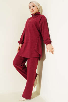 Dikişli Yarım Fermuarlı Kaşe İkili Takım Bordo - NESSİA