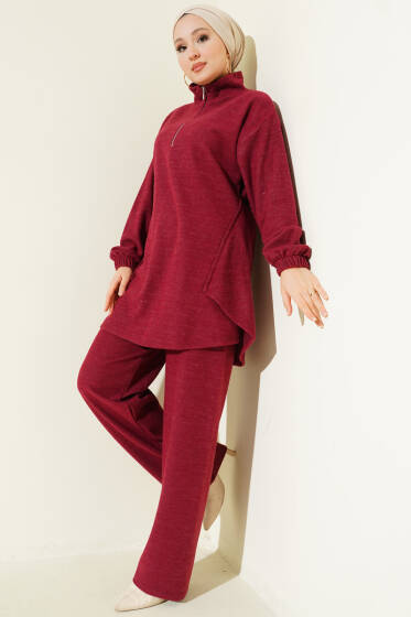 Dikişli Yarım Fermuarlı Kaşe İkili Takım Bordo - İkili Takım
