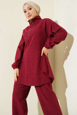 Dikişli Yarım Fermuarlı Kaşe İkili Takım Bordo - İkili Takım